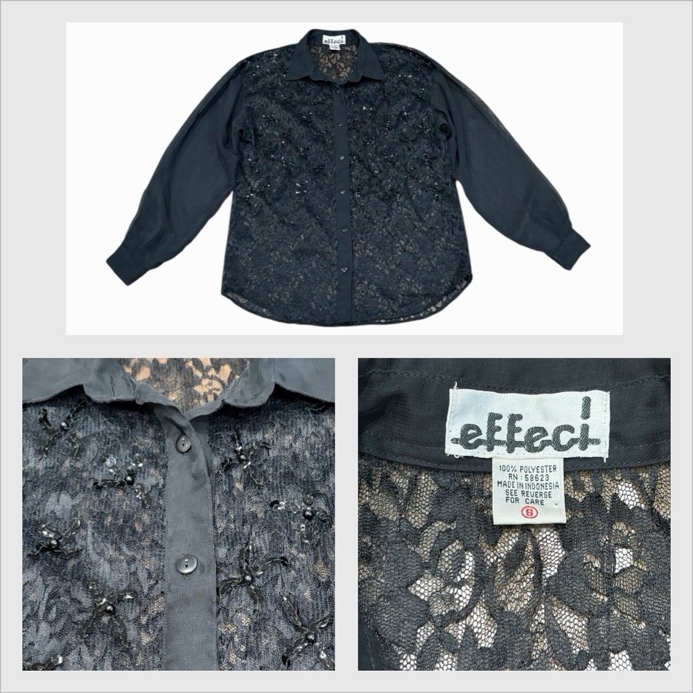 Effeci‎ Womens Lace Sheer Button Up Top Sequins Gothic Dark Romantic Black Small